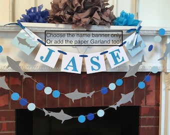 Shark Birthday decorations - Shark Birthday Banner- Shark Baby shower Decor- Shark Childrens Name banner- 1st birthday- your color choices