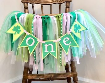 Pink St Patricks Day First Birthday Decorations , ONE Banner , High Chair Skirt, Lucky One Birthday High Chair Tutu, Irish Photo Backdrop