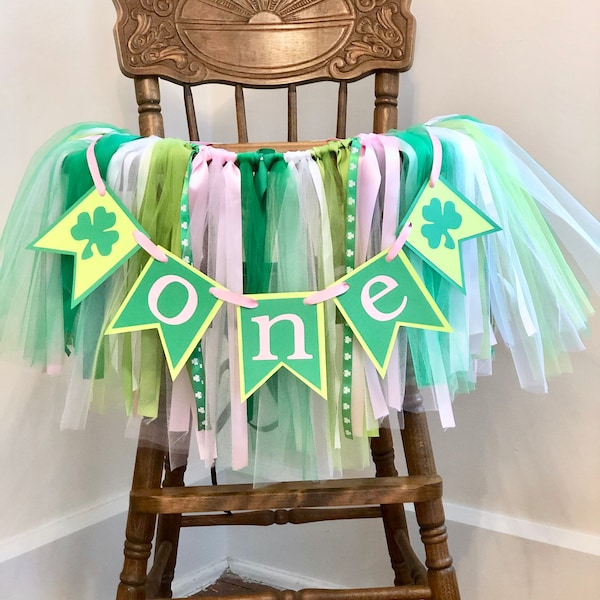 Pink St Patricks Day First Birthday Decorations , ONE Banner , High Chair Skirt, Lucky One Birthday High Chair Tutu, Irish Photo Backdrop