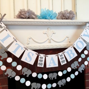 Elephant Baby Shower Decorations Boy / Gray and Blue Baby Shower Banner / Its a Boy Birth Announcement /  Nursery Decor /  your color choice