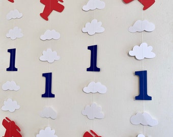 Vintage Airplane First Birthday Garland: Red Airplanes & Clouds