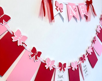 Bow 1st Birthday Banner: Pink & Red High Chair Decor, 12 Month Photo Prop