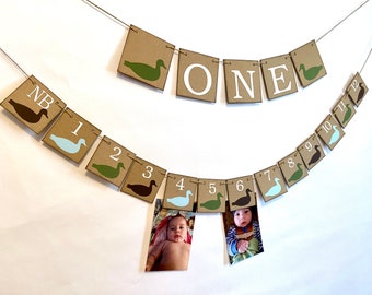 One Lucky Duck First Birthday Decor - 1st Year Photo Banner - Mallard Hunting - ONE High Chair Banner - Milestone 1st Birthday Backdrop