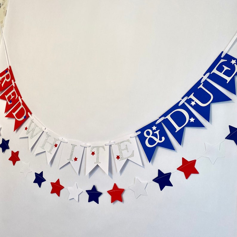 Red, White and Due 4th of July Gender Reveal Sign, Little Firecracker Baby Shower Decor, He or She Banner , Red, white and blue Star Garland image 5