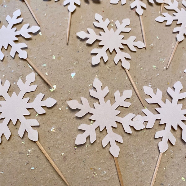 12 Pcs White Glitter Snowflake Cupcake Toppers - Winter Wonderland & Frozen Theme Birthday Cake Decorations, Paper & Toothpick - View #5