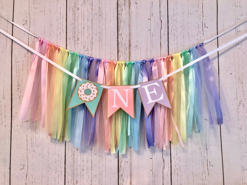 Donut First Birthday Decorations High Chair Tutu ONE High Chair Skirt Donut Grow Up 1st Birthday Backdrop Sweet One Cake Smash word+36 inch ribbons