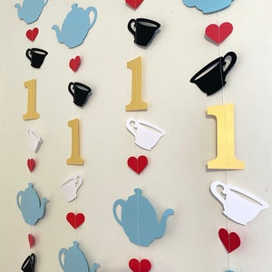 Tea for Two birthday decorations Alice in ONEderland Banner First birthday Photo Backdrop Blue Wonderland First Birthday Decor image 1