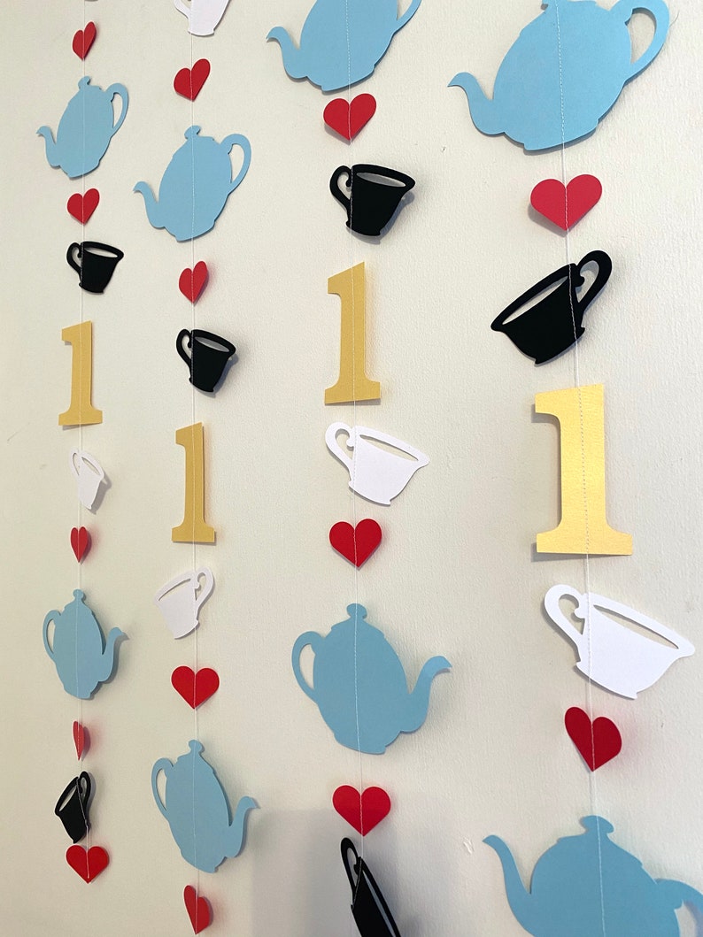 Tea for Two birthday decorations Alice in ONEderland Banner First birthday Photo Backdrop Blue Wonderland First Birthday Decor image 1