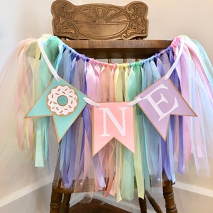 Donut First Birthday Decorations High Chair Tutu ONE High Chair Skirt Donut Grow Up 1st Birthday Backdrop Sweet One Cake Smash word+24 inch ribbons