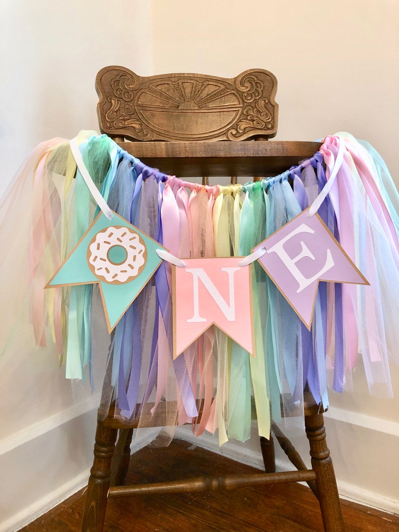 Donut First Birthday Decorations High Chair Tutu ONE High Chair Skirt Donut Grow Up 1st Birthday Backdrop Sweet One Cake Smash word+24 inch ribbons