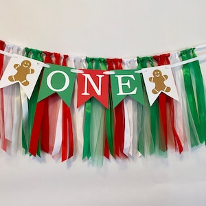 Gingerbread 1st Birthday Decorations - Christmas First Birthday Backdrop - Cake Smash Photo Prop Girl Boy- ONE high Chair Skirt - One Banner
