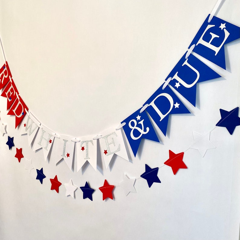 Red, White and Due 4th of July Gender Reveal Sign, Little Firecracker Baby Shower Decor, He or She Banner , Red, white and blue Star Garland image 4