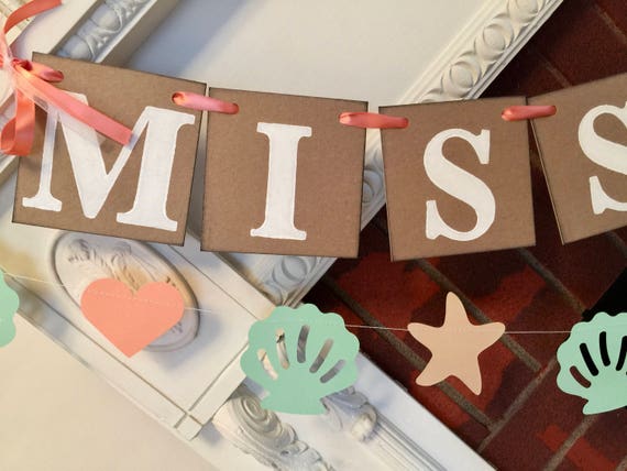 Beach Bridal Shower Decorations//Mint and Coral From Miss to Mrs Banner//Sea Shells Bachelorette Party Decor