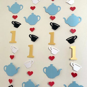 Tea for Two birthday decorations Alice in ONEderland Banner First birthday Photo Backdrop Blue Wonderland First Birthday Decor image 2