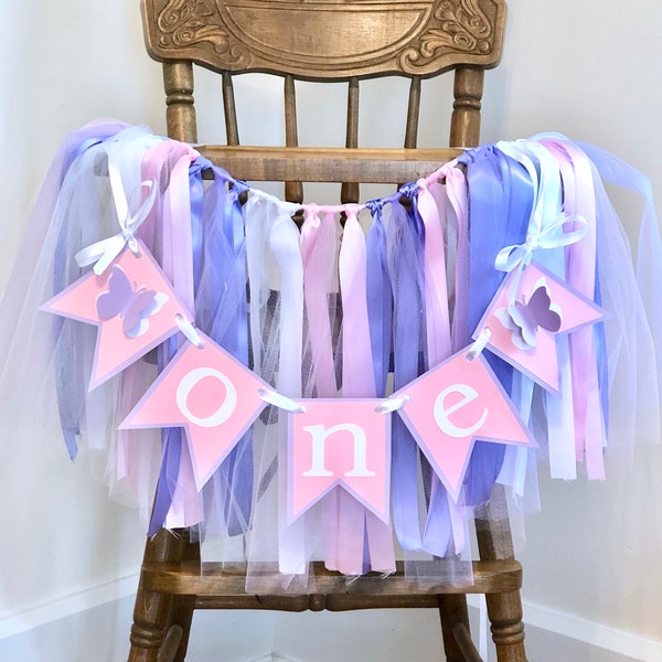 Butterfly First Birthday Banner, ONE Banner , High Chair Skirt, Butterfly 1st Birthday High Chair Tutu, Pink and Purple Photo Backdrop