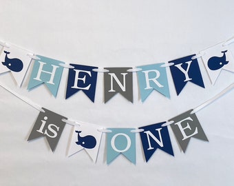 Whale First Birthday Banner: Blue and Gray Nautical Decor