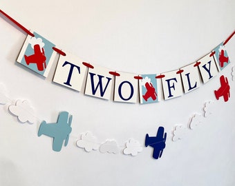 TWO Fly 2nd Birthday Decoration - Boys birthday- Airplane 2nd birthday decor - Second Birthday Decor - Time Flies Vintage biplane garland