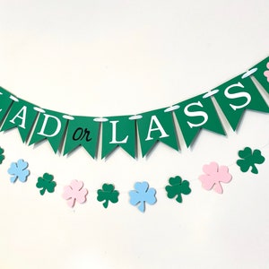 Pu&ograve; includere: Uno striscione verde e bianco con il testo "Lad or Lass" e una stringa di trifogli verdi, rosa e blu.