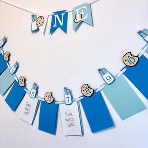 Milk and Cookies 1st Birthday Party Decorations, 12 months Photo Banner , One Sweet Boy Banner, Blue or Pink , Cake Smash Photo Prop
