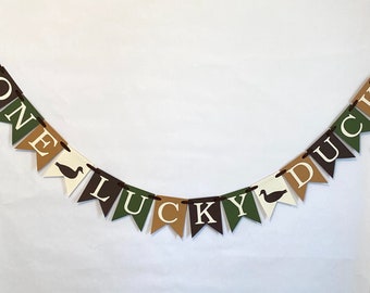 One Lucky Duck Banner - Duck Hunting First Birthday Decor - 1st Year Photo Banner - Milestone 1st Birthday Backdrop - Mallard garland 2