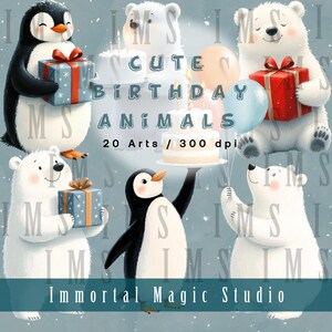 Könnte beinhalten: Digitale Illustration mit niedlichen Geburtstags-Tieren. Pinguine und Eisbären halten Geschenke und Luftballons. Der Text lautet "Cute Birthday Animals" und "Immortal Magic Studio".