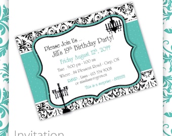 Tiffanys Party Invitations - Classic Damask . Aqua ~ Tiffanys Birthday, Breakfast at Tiffanys, Damask Birthday, Damask Party, Damask theme