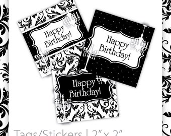 Birthday Party Tags/Stickers - Classic Damask . Black - HAPPY BIRTHDAY ~ Damask Tags, Damask Stickers, Damask birthday, Damask Retirement