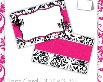 Birthday Tent Cards - Classic Demask . Black & Pink ~ Damask Tent Cards, Damask Birthday Tent Cards, Damask Name Card, Pink Damask Sign