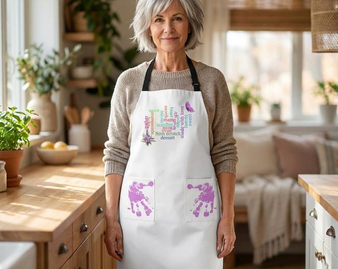 Featured listing image: Floral Chef Apron for Mom or Grandma |  Purple florals, butterflies, handprints, and a word cloud design | Sentimental Gift