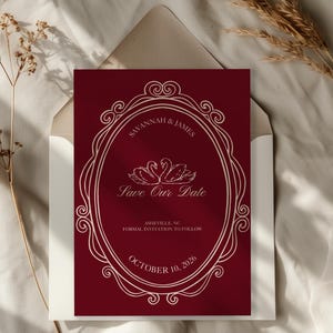 Vintage Romance Swan Save the Date: Burgundy Old Money Wedding Template (Digital Download)