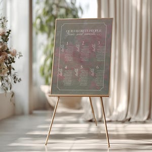 May include: A gold-framed seating plan on a gold easel. The chart features a green and pink floral background with the words "OUR FAVORITE PEOPLE Your seat awaits..." and table numbers 1-6. Names are listed under each table.