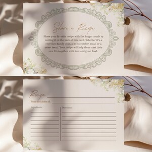 May include: A two-sided recipe card with a beige background and floral accents. The top of the card features the text "Share a Recipe" within an ornate oval frame. The bottom half is a recipe template with fields for ingredients and directions.