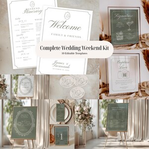 Puede incluir: Una colección de plantillas de papelería de boda en una paleta de colores suave y neutra. Los diseños incluyen un letrero de bienvenida, un itinerario, un menú de bebidas de autor, números de mesa y un plano de asientos. El texto "Complete Wedding Weekend Kit" es visible.