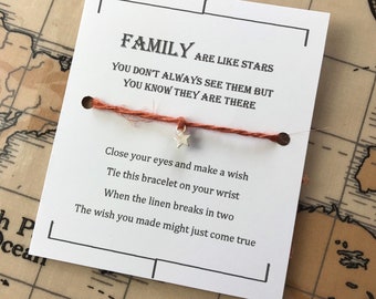 Family are like stars Wish bracelet, linen charm bracelet, make a wish bracelet, lucky star charm bracelet, zero waste.