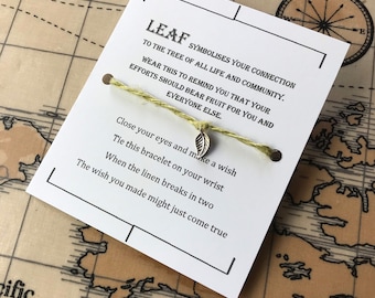 Leaf Wish bracelet, linen charm bracelet, make a wish bracelet, lucky charm bracelet, zero waste.