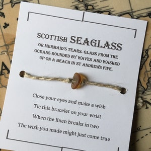 Brown Scottish seaglass Wish bracelet, linen charm bracelet, make a wish bracelet, lucky charm bracelet, zero waste.