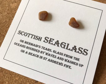 Silver Stud Scottish brown Sea Glass earrings