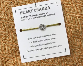 Heart Chakra Wish bracelet, Anahata linen charm bracelet, make a wish bracelet, lucky charm bracelet, zero waste.