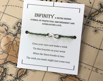 Infinity Wish bracelet, linen charm bracelet, make a wish bracelet, lucky charm bracelet, zero waste.