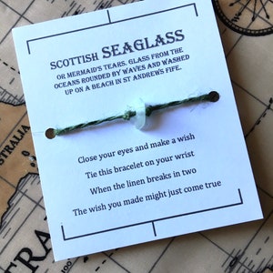 Seaglass, Scottish seaglass , mermaids tears Wish bracelet, white seaglass, linen charm bracelet, make a wish bracelet, lucky charm bracelet