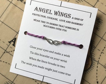 Angel Wings Wish bracelet, wish bracelet, linen charm bracelet, make a wish bracelet, lucky charm bracelet, zero waste.