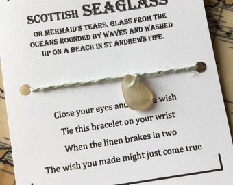 White opaque Scottish seaglass Wish bracelet, linen charm bracelet, make a wish bracelet, lucky charm bracelet, zero waste.