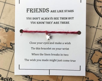 Friends are like stars Wish bracelet, linen charm bracelet, make a wish bracelet, lucky star charm bracelet, zero waste.