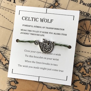 Celtic wolf Wish bracelet, linen charm bracelet, make a wish bracelet,  charm bracelet, zero waste.