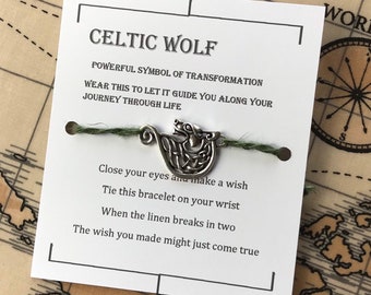 Celtic wolf Wish bracelet, linen charm bracelet, make a wish bracelet,  charm bracelet, zero waste.