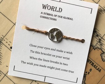 World  Wish bracelet, linen charm bracelet, make a wish bracelet, lucky charm bracelet, zero waste.