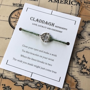 Claddagh Wish bracelet, linen charm bracelet, make a wish bracelet, lucky charm bracelet, zero waste.