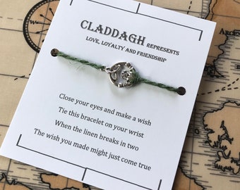 Claddagh Wish bracelet, linen charm bracelet, make a wish bracelet, lucky charm bracelet, zero waste.