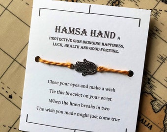 Hamsa hand Wish bracelet, linen charm bracelet, make a wish bracelet, lucky charm bracelet, zero waste.