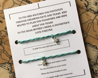 Mother and Daughter 2x Star Wish bracelets , linen charm bracelet, make a wish bracelet, lucky charm bracelet, zero waste.